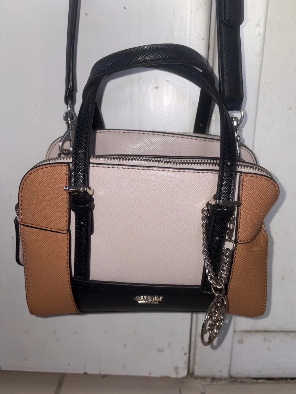 Guess Huntley Cali Satchel Tan/Black Logo Charm Handbag